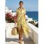 Beach Vacation Shirt Dress Palm Leaf Print Button Up Curved Hem Pocket Turn Down Collar Dress - FLAXSEED YELLOW XL | US 12