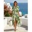 Vacation Shirt Dress Tropical Abstract Leaf Print Button Up Pocket Curved Hem Turn Down Collar Dress - Bleu XL | US 12