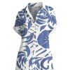 Vacation Shirt Dress Tropical Abstract Leaf Print Button Up Pocket Curved Hem Turn Down Collar Dress - Bleu S | US 4