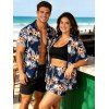 Hawaiian Vacation Couple Outfit Hibiscus Floral Tropical Leaf Print Kimono Cover-up Drawstring Pocket Shorts and Shirt Set - Bleu de Minuit S | US 4