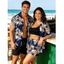 Hawaiian Vacation Couple Outfit Hibiscus Floral Tropical Leaf Print Kimono Cover-up Drawstring Pocket Shorts and Shirt Set - Bleu de Minuit S | US 4