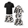 Bicolor Abstract Leaf Print Vacation Couple 4-Piece Outfit - Men's Shirt, Men's Drawstring Shorts, Women's Kimono Cover-up, Women's Drawstring Pocket Shorts - Noir S | US 4