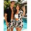 Bicolor Abstract Leaf Print Vacation Couple 4-Piece Outfit - Men's Shirt, Men's Drawstring Shorts, Women's Kimono Cover-up, Women's Drawstring Pocket Shorts - Noir S | US 4