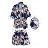 Hawaiian Vacation Women Outfit Hibiscus Floral Tropical Leaf Print Kimono Cover-up and Drawstring Pocket Shorts Set - Bleu de Minuit M | US 6