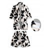 Vacation Women Outfit Bicolor Abstract Leaf Print Kimono Cover-up and Drawstring Pocket Shorts Set - Noir L | US 8-10