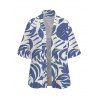 Vacation Women Outfit Botanical Leaf Scroll Silhouette Print Kimono Cover-up and Drawstring Pocket Shorts Set - Bleu clair XXXXXL | US 20