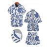 Vacation Couple Outfit Botanical Leaf Scroll Silhouette Print Kimono Cover-up Drawstring Pocket Shorts and Shirt Set - Bleu S | US 4