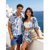 Vacation Couple Outfit Botanical Leaf Scroll Silhouette Print Kimono Cover-up Drawstring Pocket Shorts and Shirt Set - Bleu S | US 4