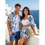 Vacation Couple Outfit Botanical Leaf Scroll Silhouette Print Kimono Cover-up Drawstring Pocket Shorts and Shirt Set - Bleu S | US 4