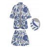 Vacation Couple Outfit Botanical Leaf Scroll Silhouette Print Kimono Cover-up Drawstring Pocket Shorts and Shirt Set - Bleu S | US 4
