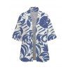 Vacation Couple Outfit Botanical Leaf Scroll Silhouette Print Kimono Cover-up Drawstring Pocket Shorts and Shirt Set - Bleu S | US 4