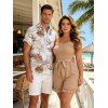 Vacation Couple Outfit Solid Color Smocked Ruffle Off the Shoulder Belt Romper and Tropical Botanical Leaf Print Shirt Set - café lumière S | US 4