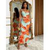 Vacation Dress Colorblock Hibiscus Floral Print Spaghetti Strap Bodycon Dress - Orange S | US 4