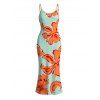 Vacation Dress Colorblock Hibiscus Floral Print Spaghetti Strap Bodycon Dress - Orange S | US 4