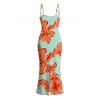 Vacation Dress Colorblock Hibiscus Floral Print Spaghetti Strap Bodycon Dress - Orange S | US 4