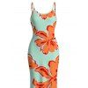 Vacation Dress Colorblock Hibiscus Floral Print Spaghetti Strap Bodycon Dress - Orange M | US 6