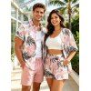 Vacation Couple Outfit Tropical Monstera Leaf Print Kimono Cover-Up Drawstring Pocket Shorts and Shirt Set - Rose S | US 4