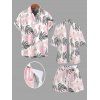 Vacation Couple Outfit Tropical Monstera Leaf Print Kimono Cover-Up Drawstring Pocket Shorts and Shirt Set - Rose S | US 4