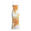 Lily Print Spaghetti Strap Dress, Slim-fit Long Bodycon Dress, Vacation Style - Blanc XXL | US 14