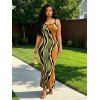 Retro Wave Stripe Print Spaghetti Strap Dress, Slim-fit Figure-hugging Elegant Long Dress - multicolor A XXL | US 14