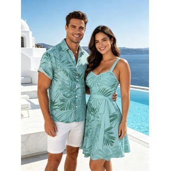 Vacation Couple Outfit Allover Tropical Plant Leaf Pattern Ruched Bust Belt Sweetheart Neck A Line Mini Dress and Roll Up Sleeve Shirt Casual Matching Outfit