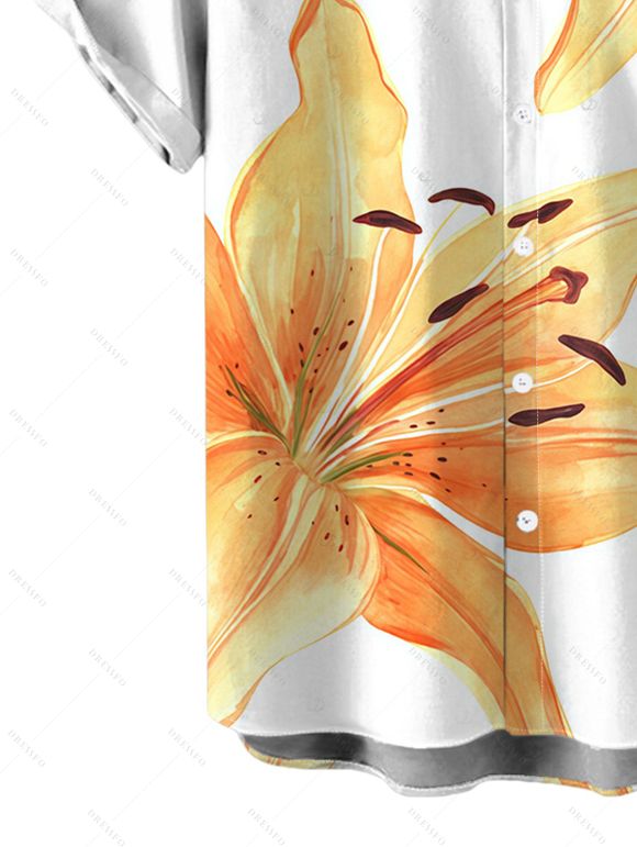 Men's Vacation Shirt Watercolor Lily Floral Print Button Up Shirt - Blanc 5XL