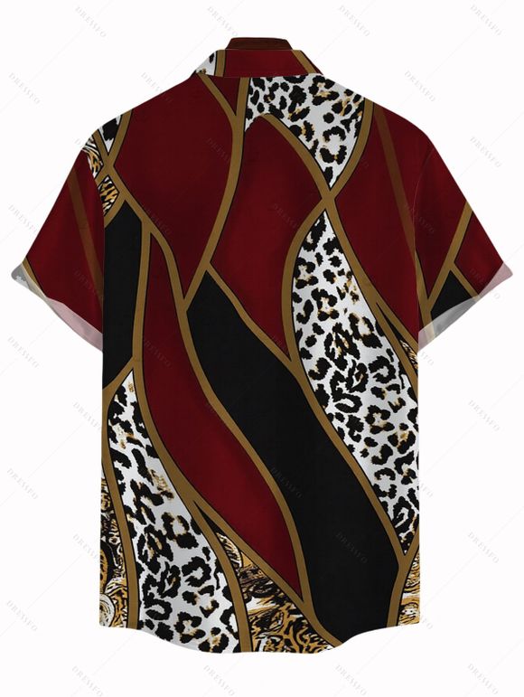 Men's Vacation Shirt Colorblock Geometric Leopard Print Button Up Shirt - Rouge Vineux 5XL