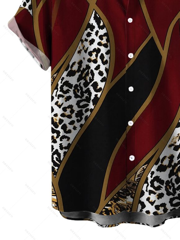 Men's Vacation Shirt Colorblock Geometric Leopard Print Button Up Shirt - Rouge Vineux 5XL