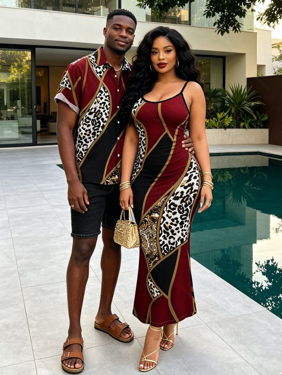 Vacation Couple Outfit Colorblock Geometric Leopard Print Spaghetti Strap Bodycon Dress and Shirt Set - Rouge Vineux S | US 4