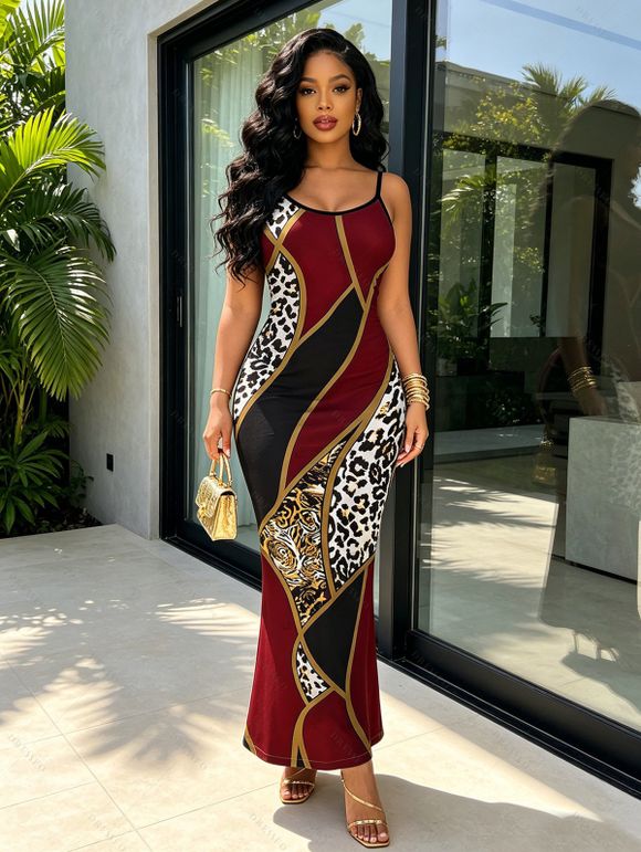 Vacation Couple Outfit Colorblock Geometric Leopard Print Spaghetti Strap Bodycon Dress and Shirt Set - Rouge Vineux S | US 4