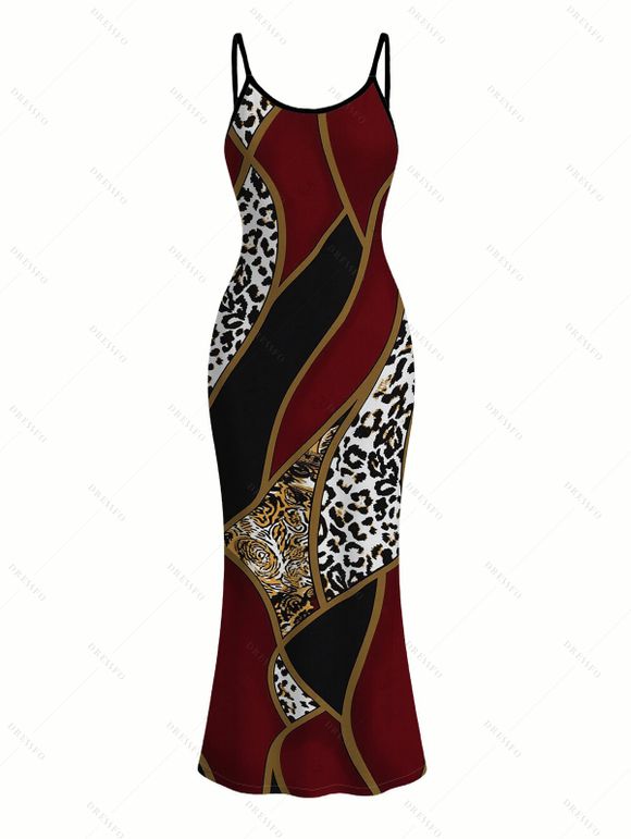 Vacation Couple Outfit Colorblock Geometric Leopard Print Spaghetti Strap Bodycon Dress and Shirt Set - Rouge Vineux S | US 4