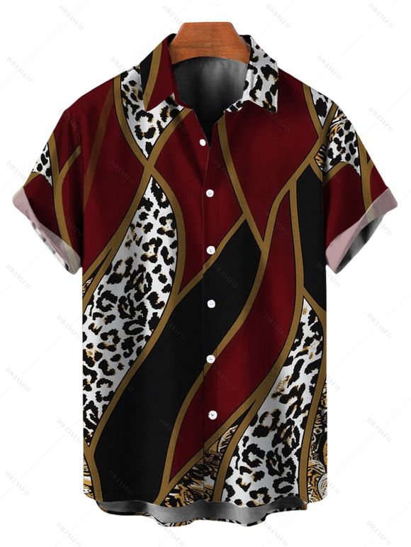 Vacation Couple Outfit Colorblock Geometric Leopard Print Spaghetti Strap Bodycon Dress and Shirt Set - Rouge Vineux S | US 4