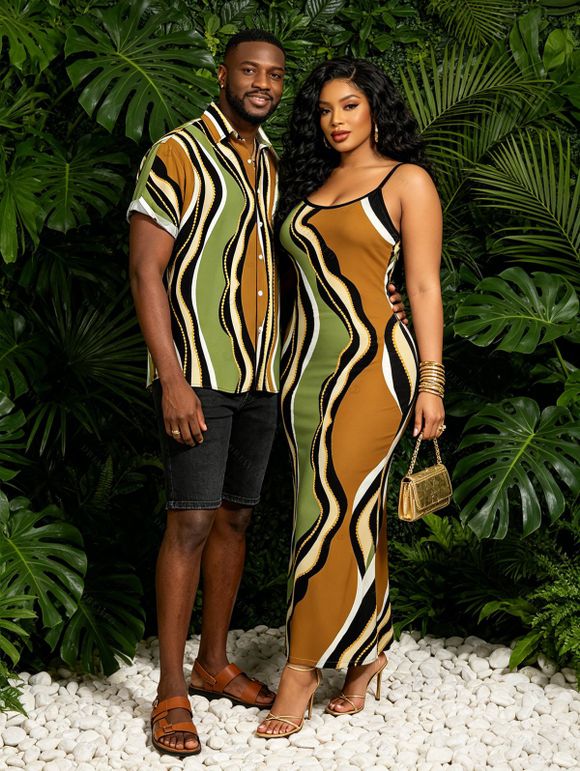 Vintage Vacation Couple Outfit Colorblock Wave Striped Print Spaghetti Strap Bodycon Dress and Shirt Set - multicolor A S | US 4