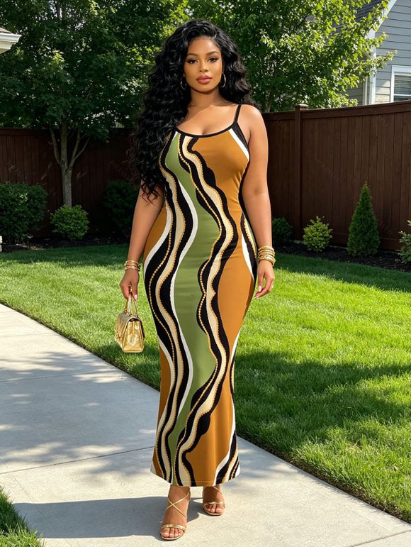 Vintage Vacation Couple Outfit Colorblock Wave Striped Print Spaghetti Strap Bodycon Dress and Shirt Set - multicolor A S | US 4