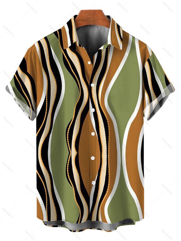 Vintage Vacation Couple Outfit Colorblock Wave Striped Print Spaghetti Strap Bodycon Dress and Shirt Set - multicolor A S | US 4