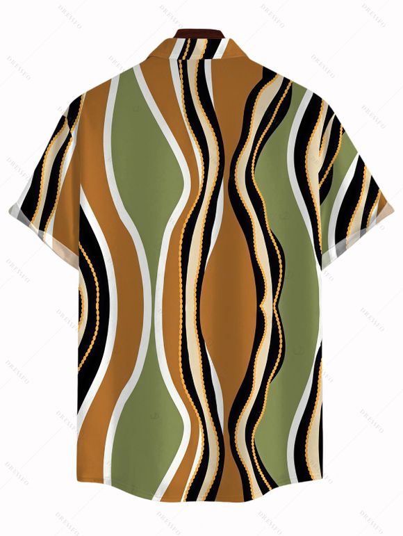 Vintage Vacation Couple Outfit Colorblock Wave Striped Print Spaghetti Strap Bodycon Dress and Shirt Set - multicolor A S | US 4