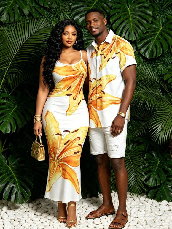 Vacation Couple Outfit Watercolor Lily Floral Print Spaghetti Strap Bodycon Dress and Shirt Set - Blanc S | US 4
