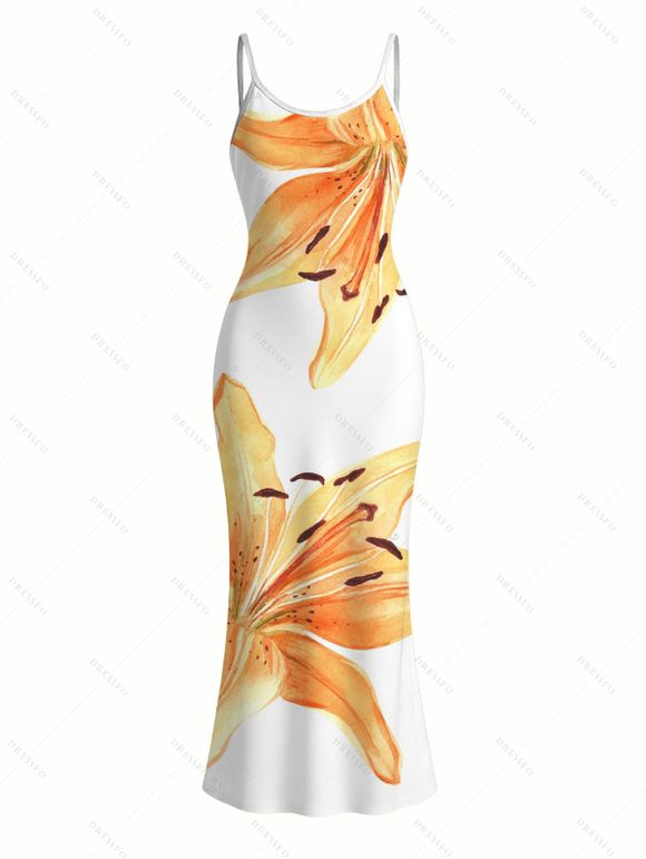 Vacation Couple Outfit Watercolor Lily Floral Print Spaghetti Strap Bodycon Dress and Shirt Set - Blanc S | US 4