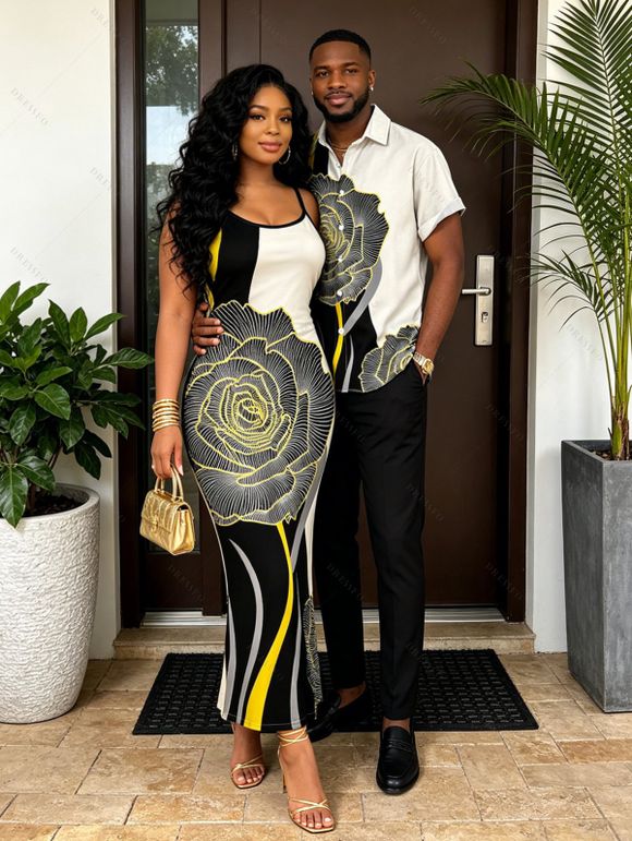 Vacation Couple Outfit Colorblock Line Rose Floral Print Spaghetti Strap Bodycon Dress and Shirt Set - Noir S | US 4