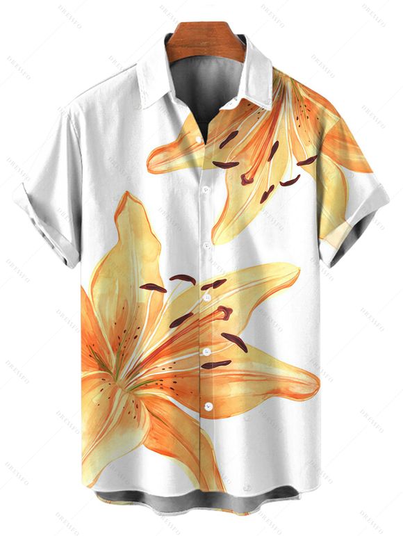 Vacation Couple Outfit Watercolor Lily Floral Print Spaghetti Strap Bodycon Dress and Shirt Set - Blanc S | US 4