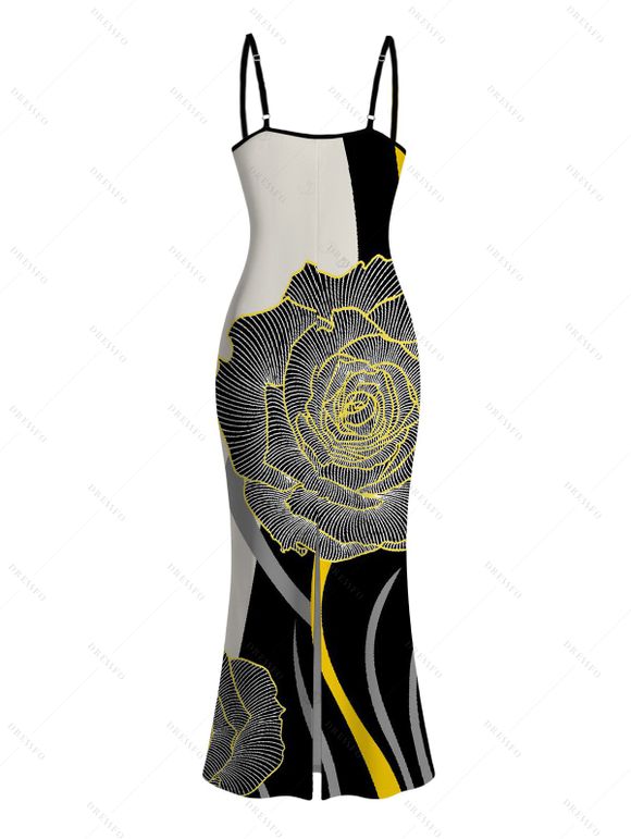 Vacation Couple Outfit Colorblock Line Rose Floral Print Spaghetti Strap Bodycon Dress and Shirt Set - Noir S | US 4