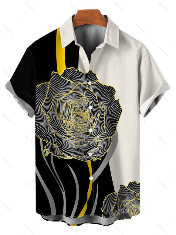 Vacation Couple Outfit Colorblock Line Rose Floral Print Spaghetti Strap Bodycon Dress and Shirt Set - Noir S | US 4