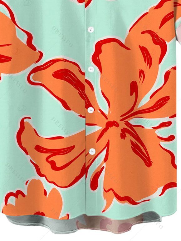 Men's Vacation Shirt Colorblock Hibiscus Floral Print Button Up Shirt - Orange 5XL