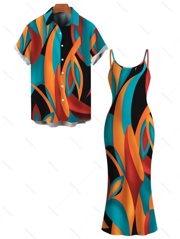 Bohemian Vacation Couple Outfit Colorful Abstract Geometric Print Spaghetti Strap Bodycon Dress and Shirt Set - multicolor S | US 4