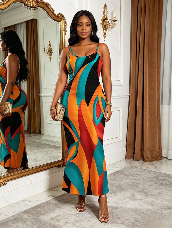 Bohemian Vacation Couple Outfit Colorful Abstract Geometric Print Spaghetti Strap Bodycon Dress and Shirt Set - multicolor S | US 4