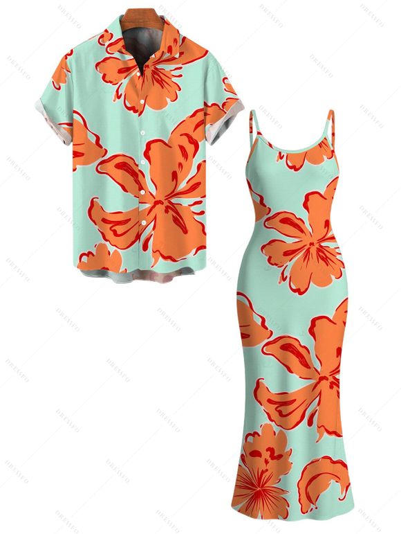 Vacation Couple Outfit Colorblock Hibiscus Floral Print Spaghetti Strap Bodycon Dress and Shirt Set - Orange S | US 4