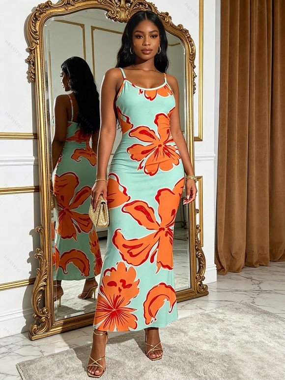 Vacation Couple Outfit Colorblock Hibiscus Floral Print Spaghetti Strap Bodycon Dress and Shirt Set - Orange S | US 4