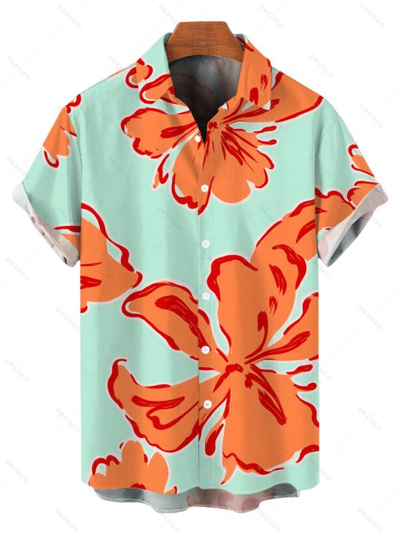 Vacation Couple Outfit Colorblock Hibiscus Floral Print Spaghetti Strap Bodycon Dress and Shirt Set - Orange S | US 4