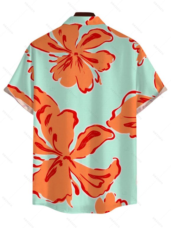 Vacation Couple Outfit Colorblock Hibiscus Floral Print Spaghetti Strap Bodycon Dress and Shirt Set - Orange S | US 4