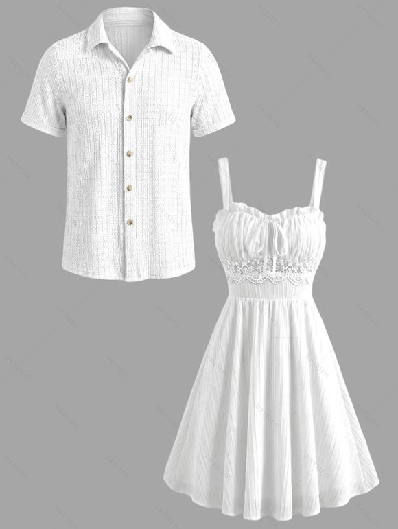 Vintage Couple Outfit Solid Color Lace Panel Scalloped Ruffle Bowknot Smocked Dress and Textured Shirt Set - Blanc S | US 4